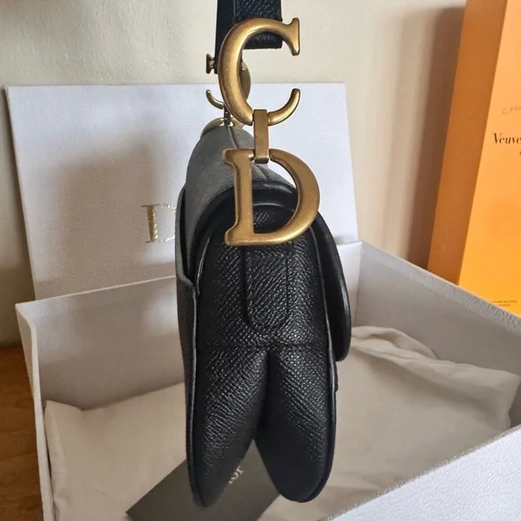 Like New 💕 DIOR Mini Saddle Bag Black Grained Calfskin Leather Gold Shoulder Bag - Picture 8 of 16